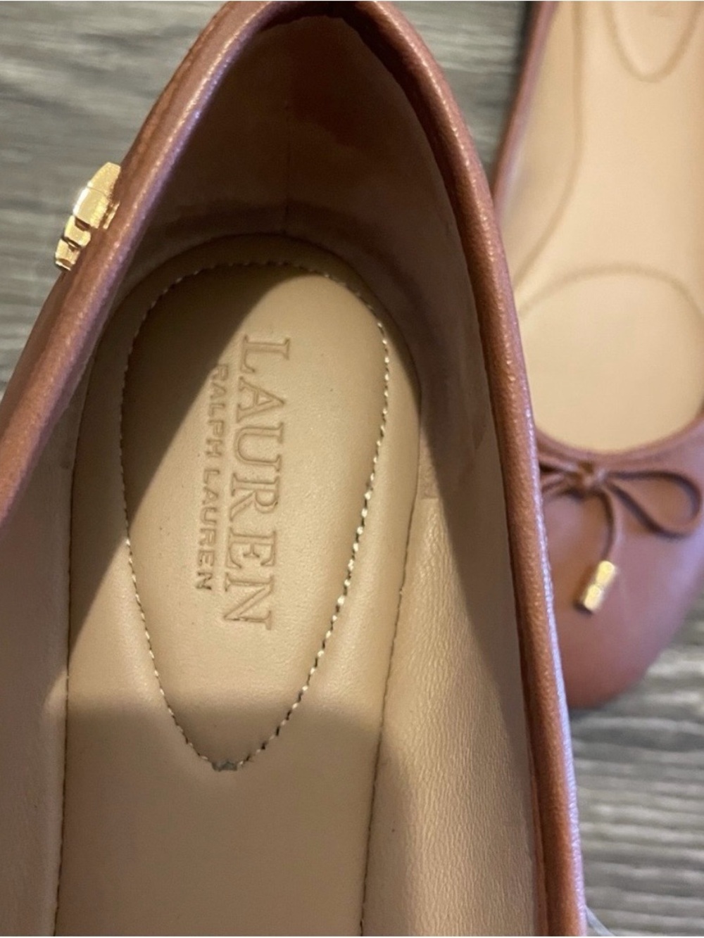 Lauren Ralph Lauren Mauve Leather Bow Ballet Flats with Gold Accents